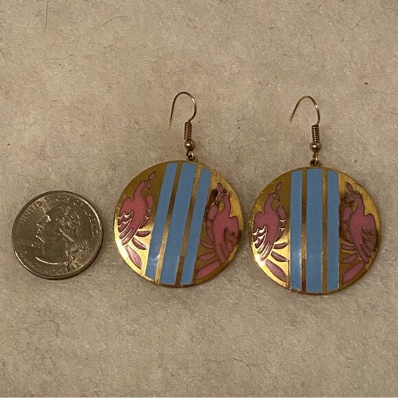 SIGNED ERM EARRINGS PINK DOUBLE PHOENIX BLUE STRIPE GOLD TONE CIRCLE DROP WIRE - Picture 2 of 8
